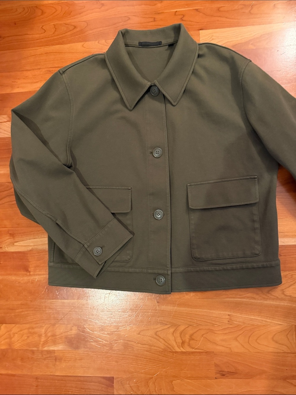 UNIQLO Women Olive Green Jersey Relaxed Cropped Jacket Utility Shacket Coat M - Picture 3 of 8